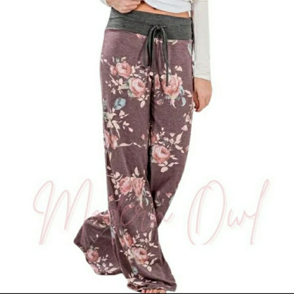 modern owl Pants - Floral drawstring waist lounge pants